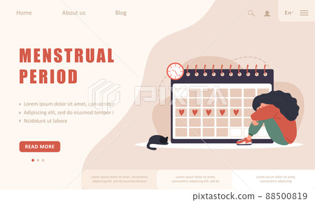 Menstruation calendar shedule. Landing page template. Woman period. Female critical day problems. Sad girl with pms. Vector illustration in flat cartoon style 88500819