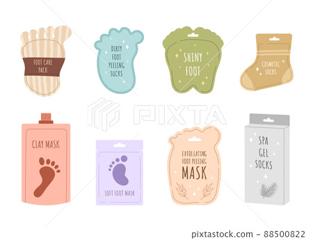 Foot mask collection. Skin care concept. Socks for moisturizing feet. Morning routine. Bath time. Hand drawn beauty product for Spa. Vector illustration in flat cartoon style 88500822