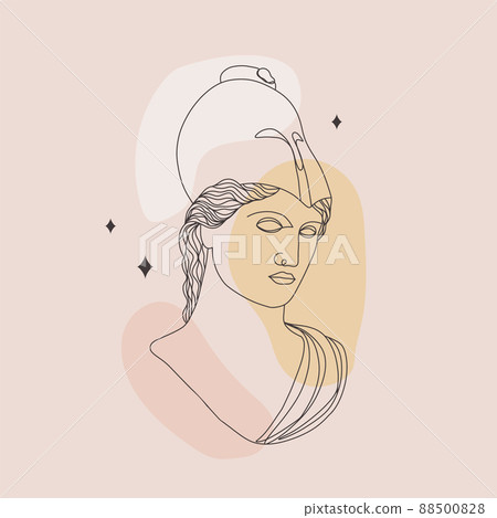 Ancient greek sculpture. Linear head of Athena. Goddess antique statue. Trendy vector illustration in one line drawing style. Minimalist female bust with abstract shapes Ancient greek sculpture. Linear head of Athena. Goddess antique statue. Trendy vector illustration in one line drawing style. Minimalist female bust with abstract shapes 88500828