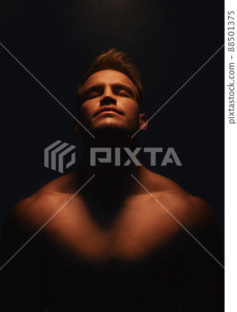 Being handsome wasnt much of a burden. Shot of a handsome young man with no shirt on standing in the shadows. 88501375