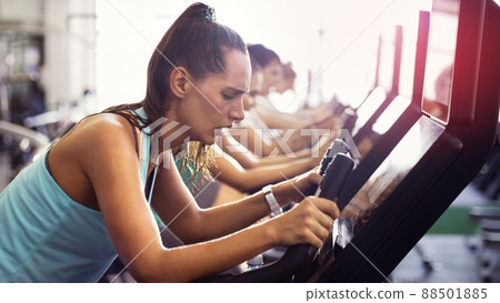 In line for a healthier life. Cropped shot of a group of young people working out on elliptical machines in the gym. 88501885