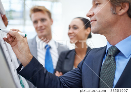 Outlining a revised business plan. A businessman writing on a flip-chart as his colleagues stand by. 88501997