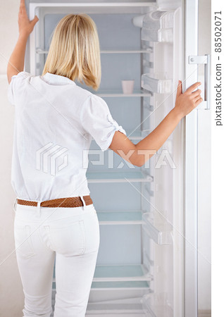 Time to do some serious shopping. Rearview of a young woman looking in her empty fridge. Time to do some serious shopping. Rearview of a young woman looking in her empty fridge. 88502071