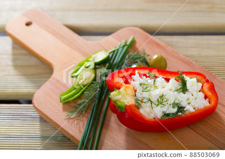 Photography of plate with pepper stuffed with brynza Photography of plate with pepper stuffed with brynza 88503069
