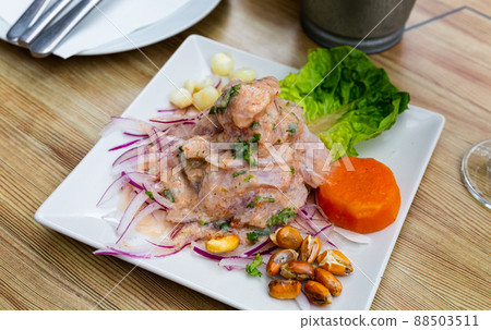 Peruvian ceviche from alaska pollock with onion and garlic 88503511