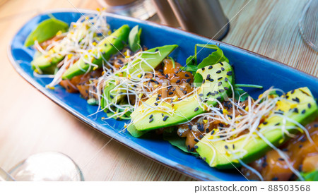 Delicious salmon tartare garnish with avocado on blue plate 88503568