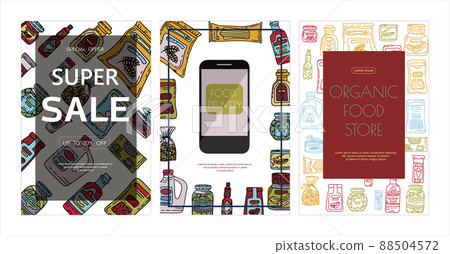 Vector doodle grocery store products. Hand drawn scetch banners. Food and drink. Natural canned, bakery and cereal products. Sale. Delivery.App store Vector doodle grocery store products. Hand drawn scetch banners. Food and drink. Natural canned, bakery and cereal products. Sale. Delivery.App store 88504572