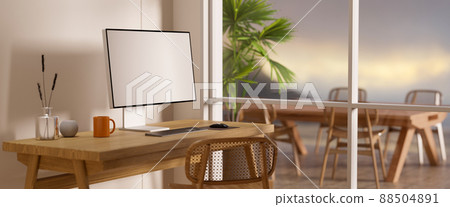Modern comfortable Scandinavian office workplace interior with computer Modern comfortable Scandinavian office workplace interior with computer 88504891