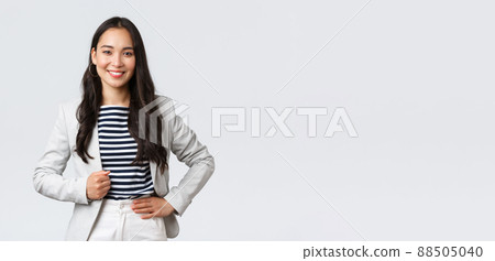 Business, finance and employment, female successful entrepreneurs concept. Confident good-looking female office manager, lady in white jacket smiling and looking determined to win case in court Business, finance and employment, female successful entrepreneurs concept. Confident good-looking female office manager, lady in white jacket smiling and looking determined to win case in court 88505040