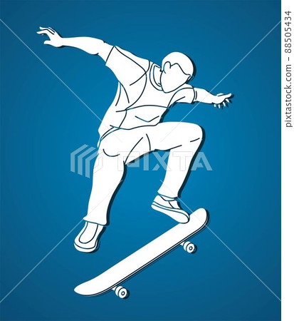 A Man Playing Skateboard Extreme Sport Skateboarder Action Cartoon Graphic Vector A Man Playing Skateboard Extreme Sport Skateboarder Action Cartoon Graphic Vector 88505434