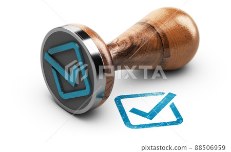 Check mark and rubber stamp over white background. Check mark and rubber stamp over white background. 88506959