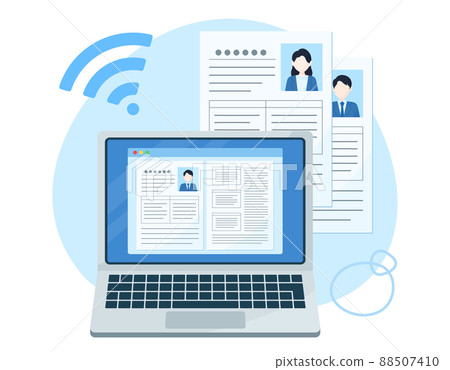Illustration of creating and submitting a resume on a laptop computer. Online recruiting activities. Recruitment selection of personnel. Illustration of creating and submitting a resume on a laptop computer. Online recruiting activities. Recruitment selection of personnel. 88507410