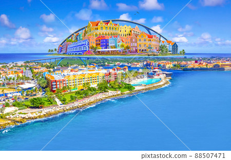 Collage with aerial panorama of Willemstad town in Curacao - The island Curacao is a tropical paradise in the Antilles in the Caribbean sea with beautiful architecture, beaches. 88507471