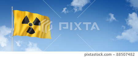 radioactive nuclear symbol flag isolated on a blue sky. Horizontal banner radioactive nuclear symbol flag isolated on a blue sky. Horizontal banner 88507482
