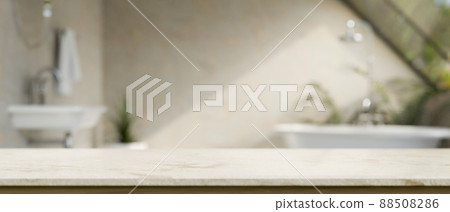Empty space on modern tabletop against blurred modern stylish bright bathroom 88508286