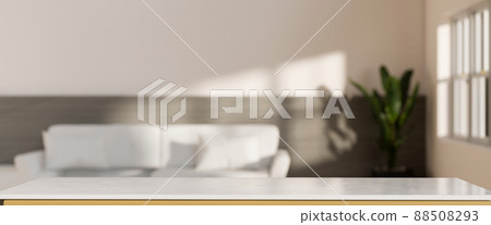 Copy space on modern white tabletop against blurred modern bright living room 88508293