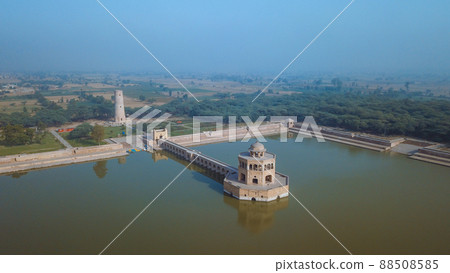 Aerial View to the Hiran Minar Mughal era complex in Sheikhupura, Punjab province, Pakistan 88508585