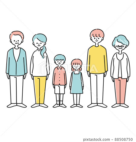 Illustration of a three-generation family standing facing the front Illustration of a three-generation family standing facing the front 88508750