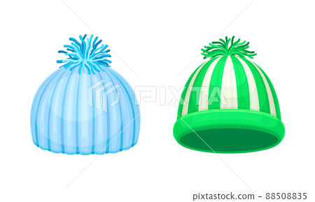 Knitted hats with pompons set. Warm autumn and winter accessories cartoon vector illustration 88508835
