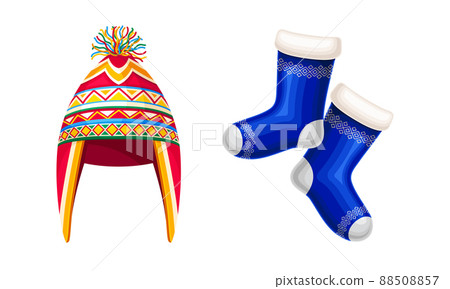 Colorful knitted hat and socks. Warm autumn and winter accessories cartoon vector illustration Colorful knitted hat and socks. Warm autumn and winter accessories cartoon vector illustration 88508857