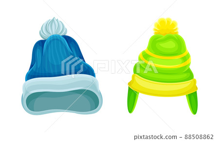 Colorful knitted hats. Warm autumn and winter accessories cartoon vector illustration 88508862