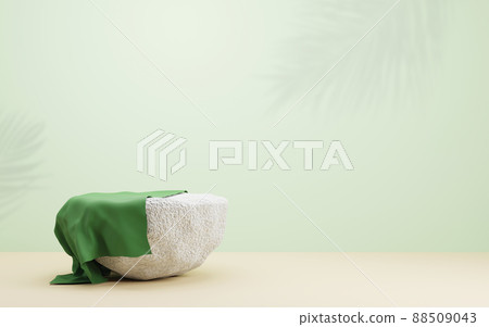 Stone podium and palm leaves shadow on green background with copy space 3D render 88509043