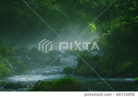 木曾川流域被霧霾籠罩的溪流(前景是岩石) 木曾川流域被霧霾籠罩的溪流(前景是岩石) 88510098