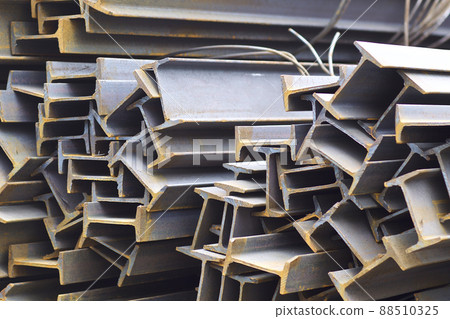 Metal profile beam in packs at the warehouse of metal products 88510325