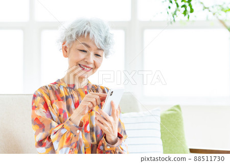 看智能手機的資深婦女 看智能手機的資深婦女 88511730