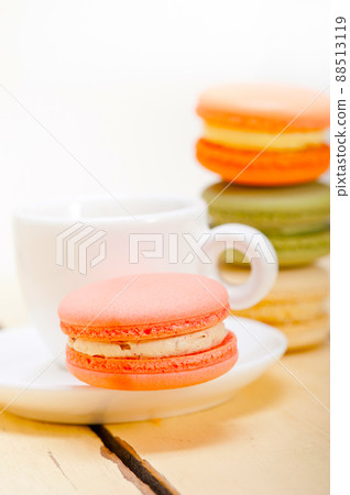 colorful macaroons with espresso coffee colorful macaroons with espresso coffee 88513119