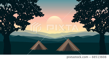 summer camp tents between trees on meadow with mountain view summer camp tents between trees on meadow with mountain view 88513608