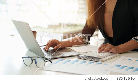 Bookkeeper or financial inspector hands making report, calculating. Home finances, investment, economy, saving money or insurance concept 88513610