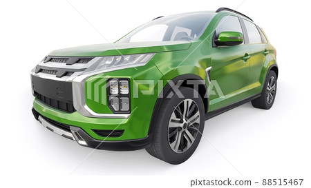 Green compact urban SUV on a white uniform background with a blank body for your design. 3d rendering. Green compact urban SUV on a white uniform background with a blank body for your design. 3d rendering. 88515467