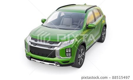 Green compact urban SUV on a white uniform background with a blank body for your design. 3d rendering. Green compact urban SUV on a white uniform background with a blank body for your design. 3d rendering. 88515497