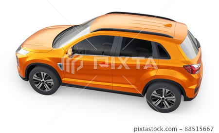 Orange compact urban SUV on a white uniform background with a blank body for your design. 3d rendering. Orange compact urban SUV on a white uniform background with a blank body for your design. 3d rendering. 88515667
