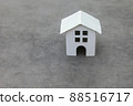 Simply design with miniature white toy model house on concrete stone grey background. Mortgage property insurance dream home concept. Copy space 88516717