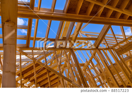 New house construction with wooden beams the ceiling and wall New house construction with wooden beams the ceiling and wall 88517223
