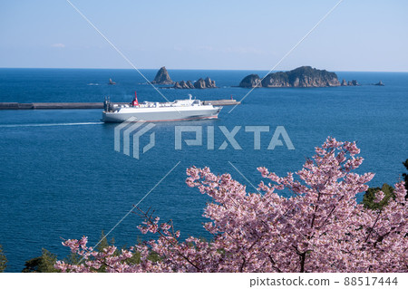 Aburatsu Port and Nanatsuiwa seen from the cherry blossoms in Umegaoka, Nichinan City, Miyazaki Prefecture 88517444