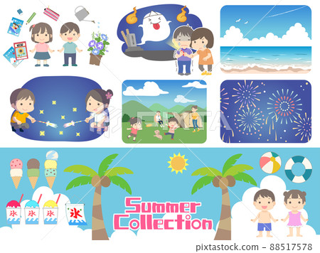 Illustration set for elementary school students' summer vacation, homework, liver test, sea bathing, handheld fireworks, camp, launch fireworks 88517578