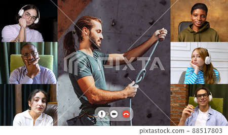 Young people, men and women having online video lesson, watching training class of rock climbing, alpinism Young people, men and women having online video lesson, watching training class of rock climbing, alpinism 88517803