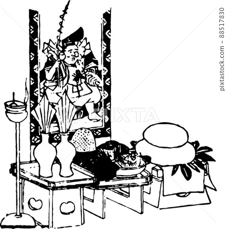 Kagami mochi and lucky charms offered to Ebisu's hanging scroll 88517830