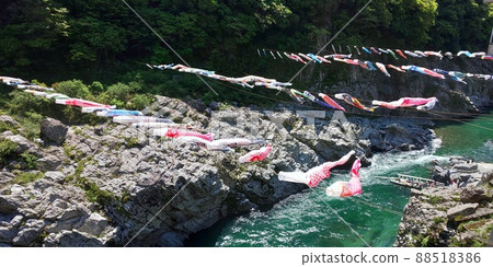 Carp streamers hanging over the river 88518386