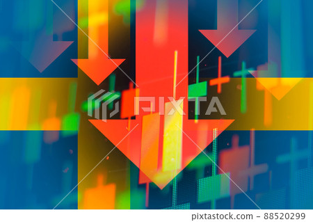 Dropping arrows showing decreasing trend in economy in global crisis or downtrend of stocks on the stock exchange in Sweden Dropping arrows showing decreasing trend in economy in global crisis or downtrend of stocks on the stock exchange in Sweden 88520299