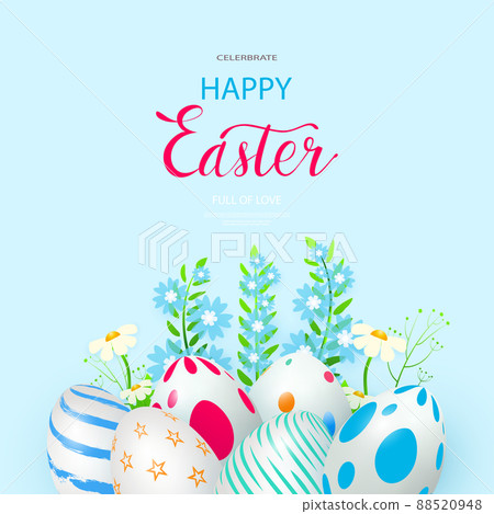 Happy Easter banner. Spring composition with Easter eggs and flowers. Place for your text. Vector illustration Happy Easter banner. Spring composition with Easter eggs and flowers. Place for your text. Vector illustration 88520948