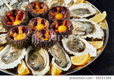 Top view of seafood platter: shellfish, oysters, sea urchin and balsamic sauce 88521366