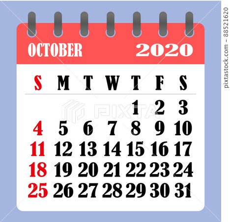 Letter calendar for October 2020. The week begins on Sunday. Time, planning and schedule concept. Flat design. Removable calendar for the month. Vector Letter calendar for October 2020. The week begins on Sunday. Time, planning and schedule concept. Flat design. Removable calendar for the month. Vector 88521620