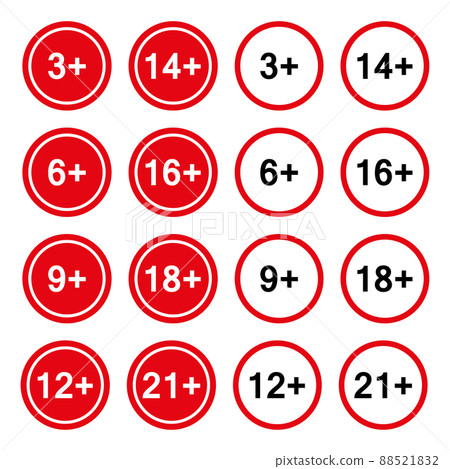Set of age restriction badges, 3 , 6 , 9 , 12 , 14 , 16 , 18 , 21 . Isolated on a white background. Flat style. Vector 88521832