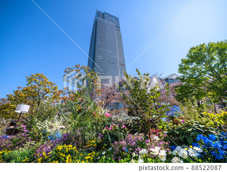 日本東京城市景觀，可欣賞到春天的花朵、蔚藍的天空、東京中城等。 88522087
