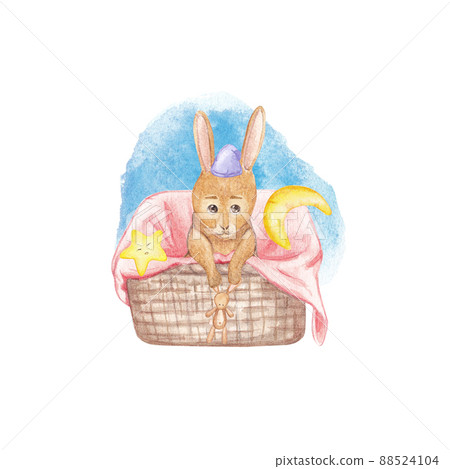 A cute rabbit is sitting in a basket with a... - Stock Illustration ...