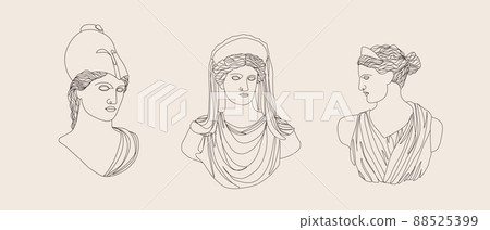 Ancient greek sculpture. Set of linear goddesses antique statues. Trendy vector illustration in one line drawing style. Hand drawn outline female silhouettes Ancient greek sculpture. Set of linear goddesses antique statues. Trendy vector illustration in one line drawing style. Hand drawn outline female silhouettes 88525399